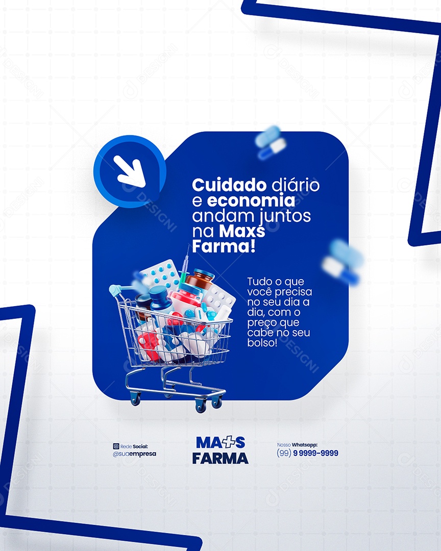 Flyer Farmácia Cuidado Diário e Economia Social Media PSD Editável