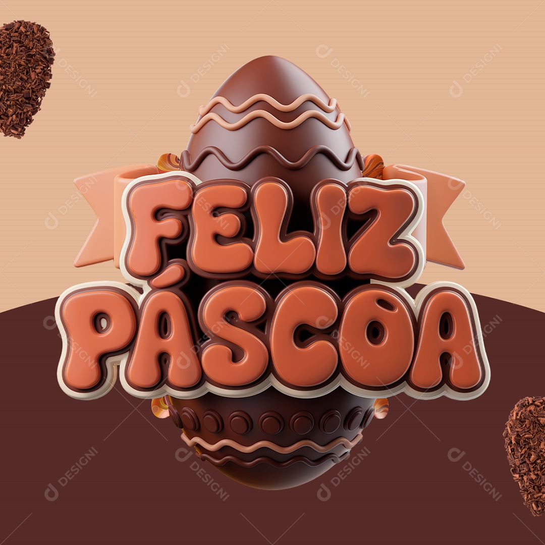 Feliz Páscoa Selo 3D Marrom para Composição PSD
