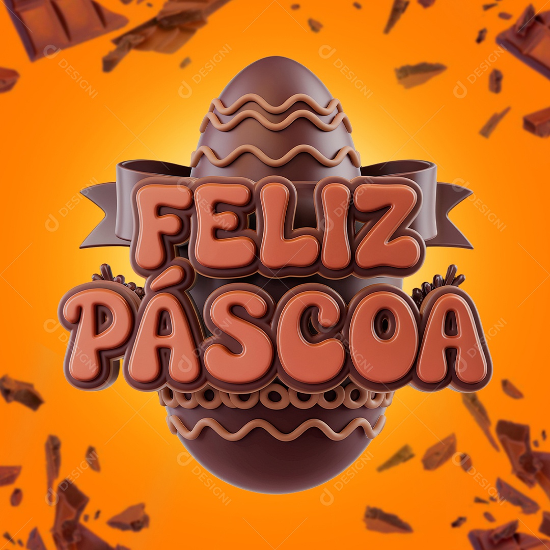 Feliz Páscoa Selo 3D Marrom para Composição PSD