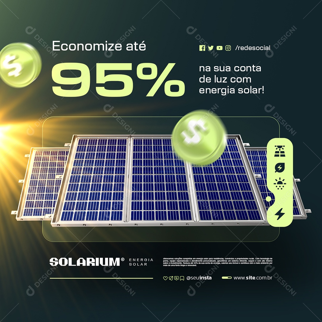 Energia Solar Economize Até 95% na Sua Conta de Luz Social Media PSD Editável