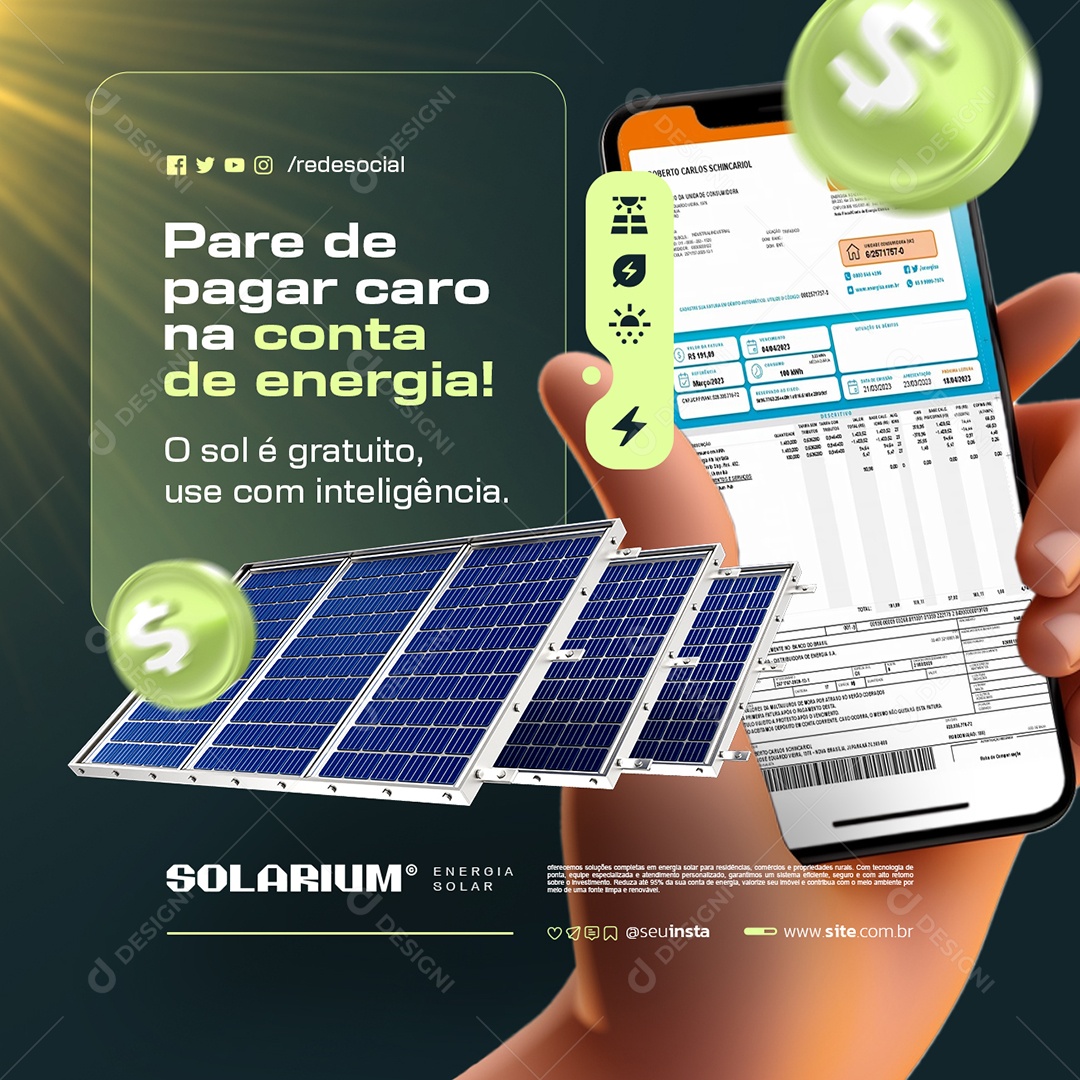 Energia Solar Pare de Pagar Caro na Conta de Energia Social Media PSD Editável