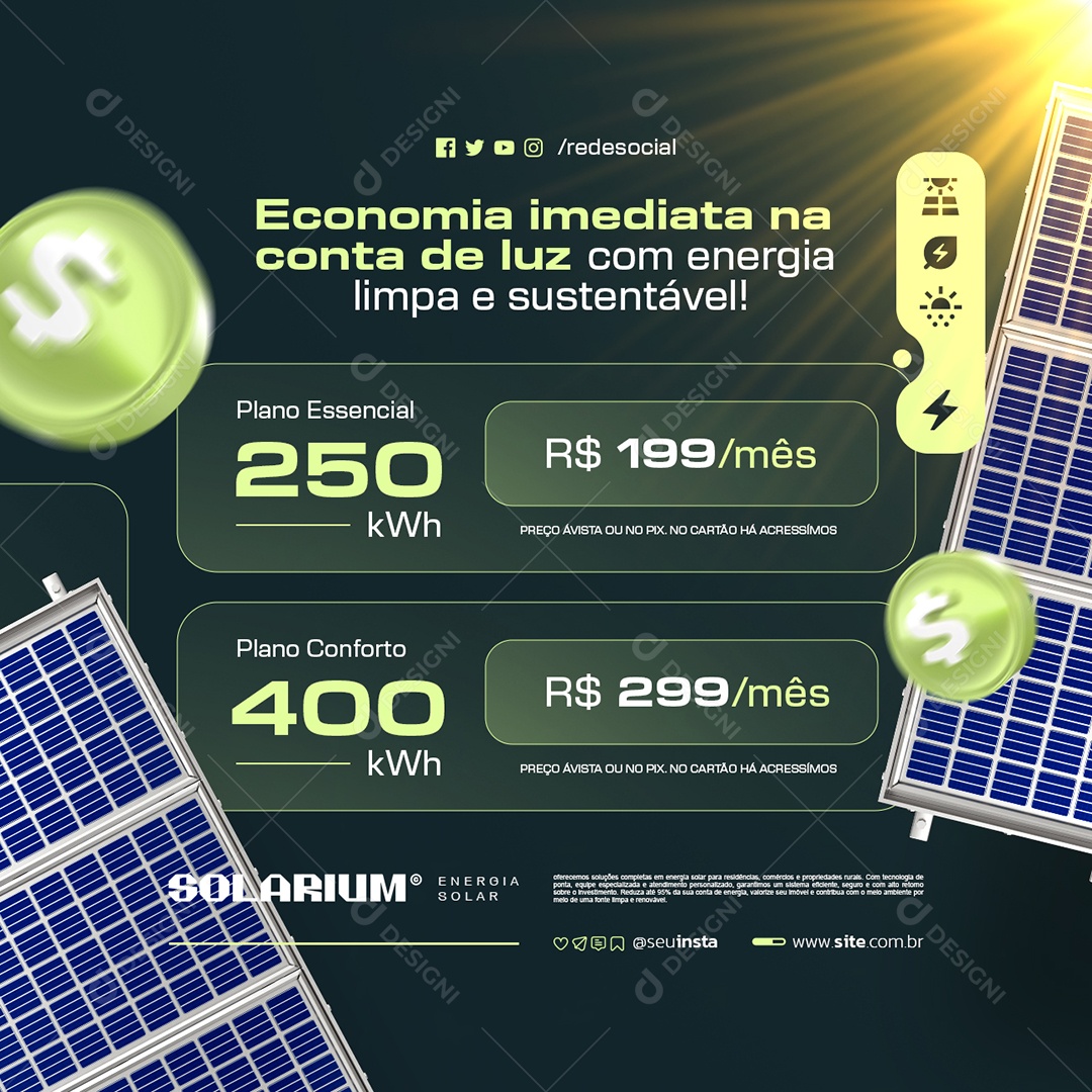 Energia Solar Economia Imediata na Conta de Luz Social Media PSD Editável