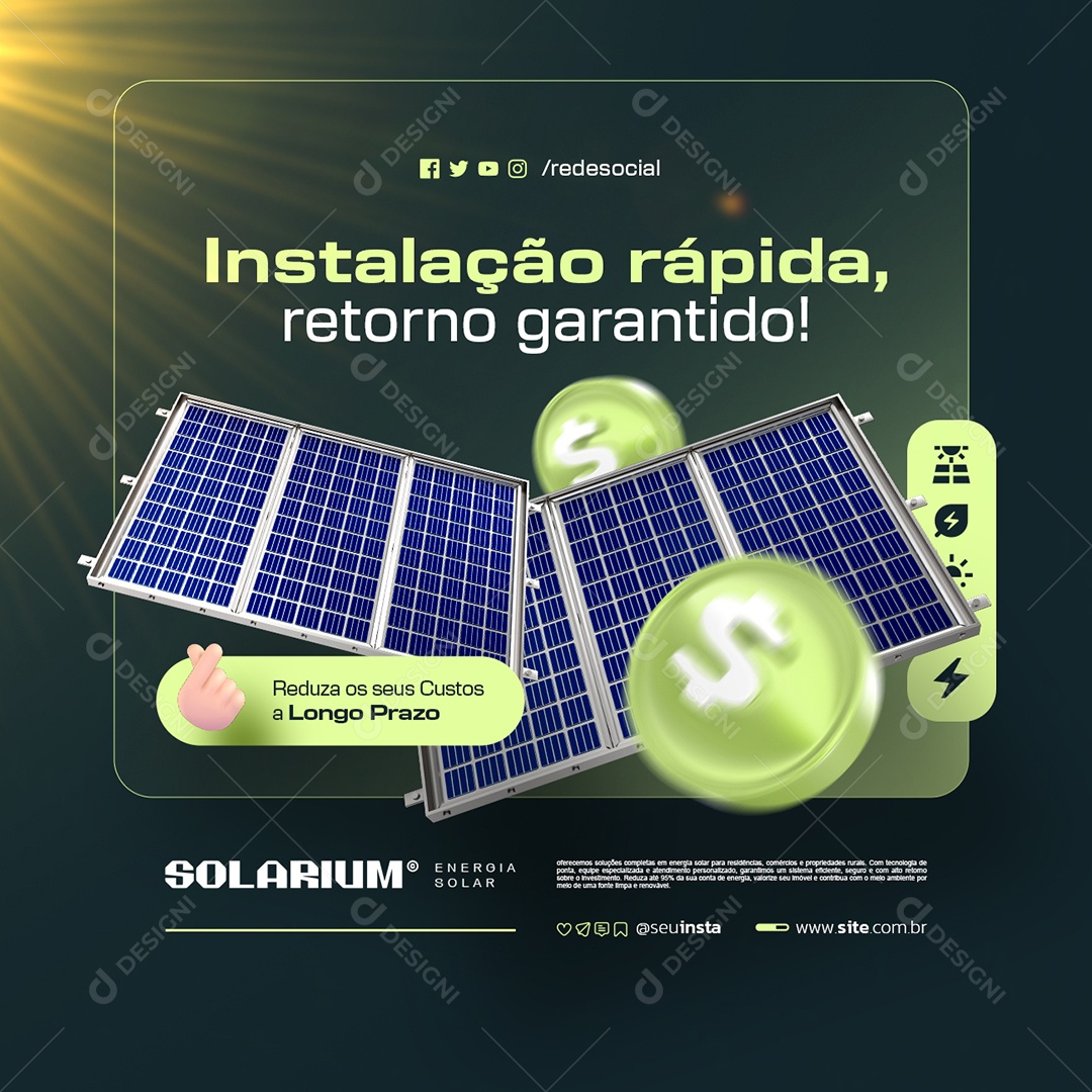 Energia Solar Instalação Rápida Retorno Garantido Social Media PSD Editável