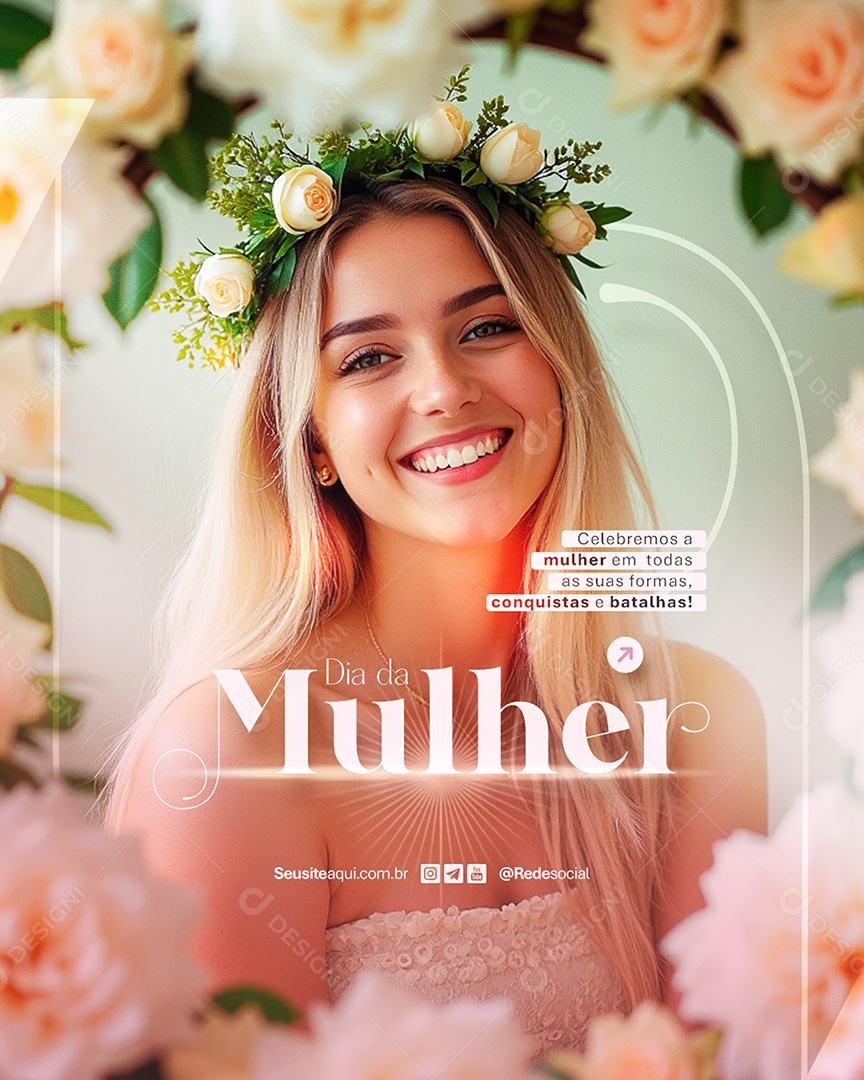Flyer Feliz Dia Da Mulher 08 de Março Conquistas e Batalhas Social Media PSD Editável