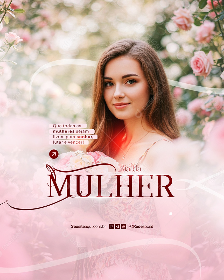 Flyer Feliz Dia Da Mulher 08 de Março Lutar e Vencer Social Media PSD Editável
