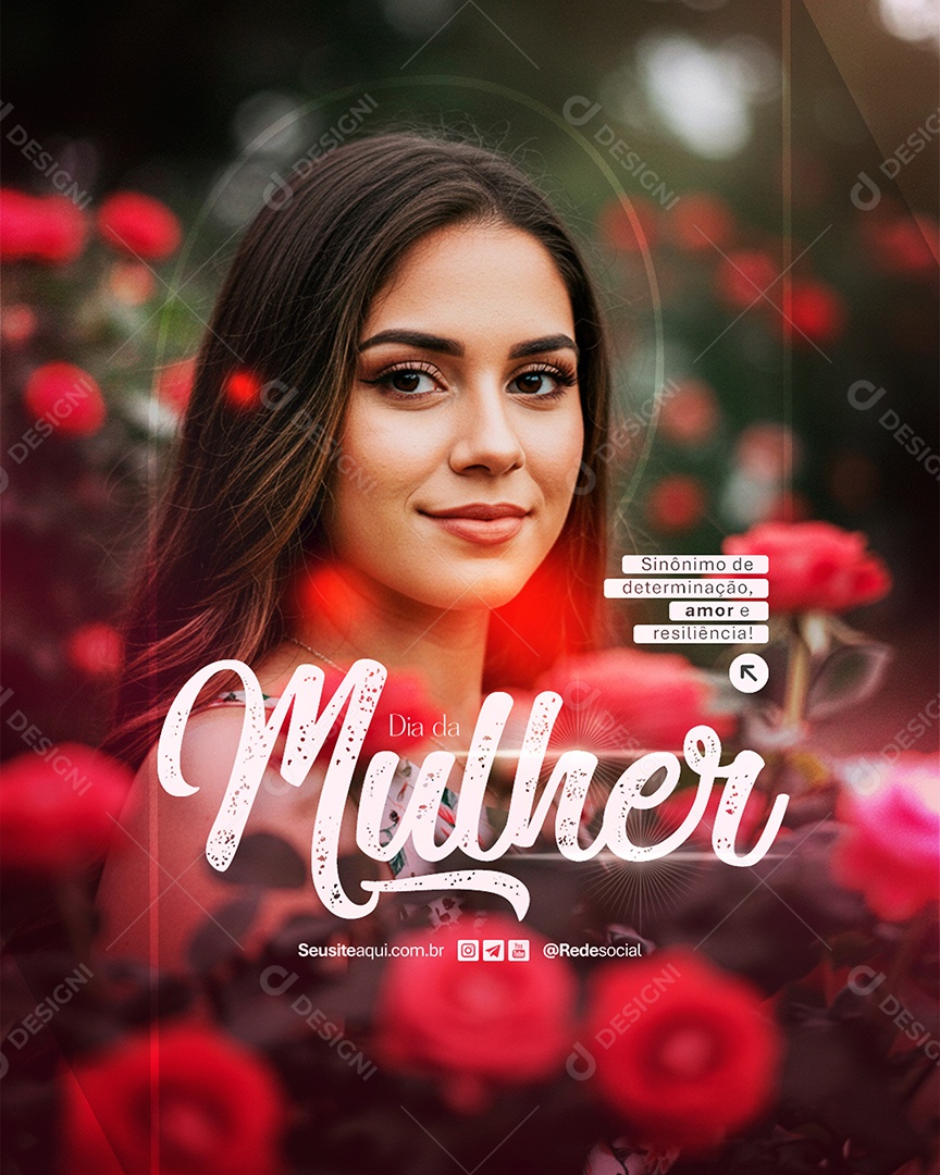 Flyer Feliz Dia Da Mulher 08 de Março Amor e Risiliência Social Media PSD Editável