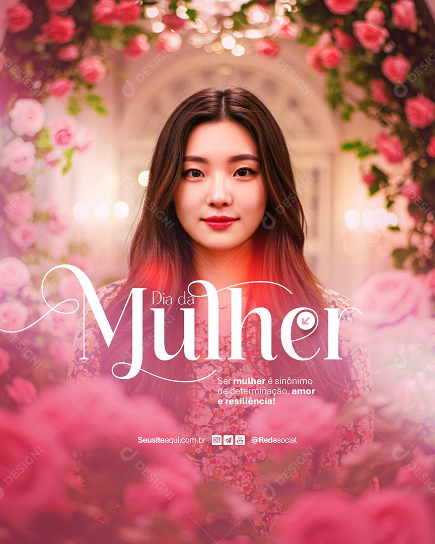 Flyer Feliz Dia Da Mulher 08 de Março Amor e Risiliência Social Media PSD Editável