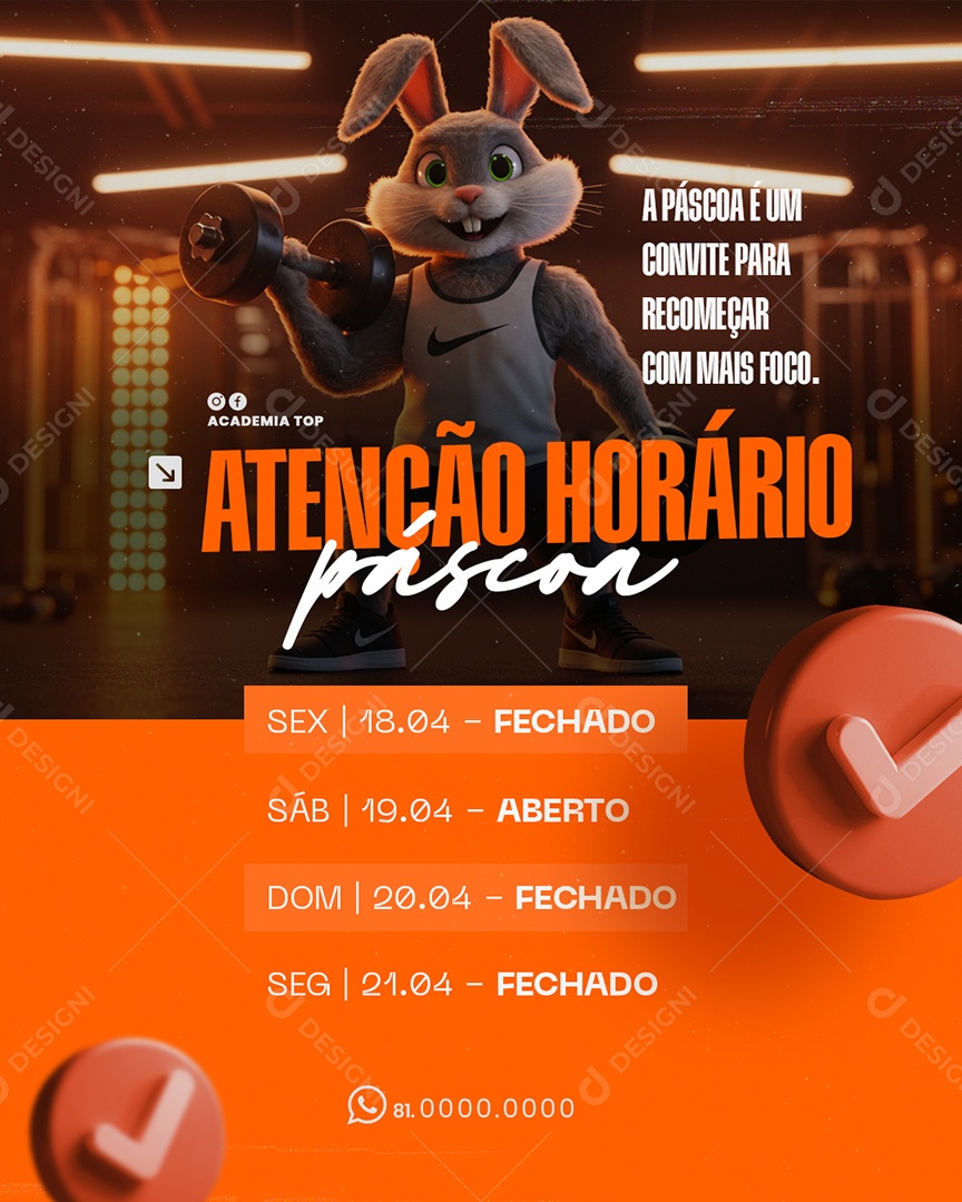 Horário de Academia Feliz Páscoa 20 de Abril Social Media PSD Editável
