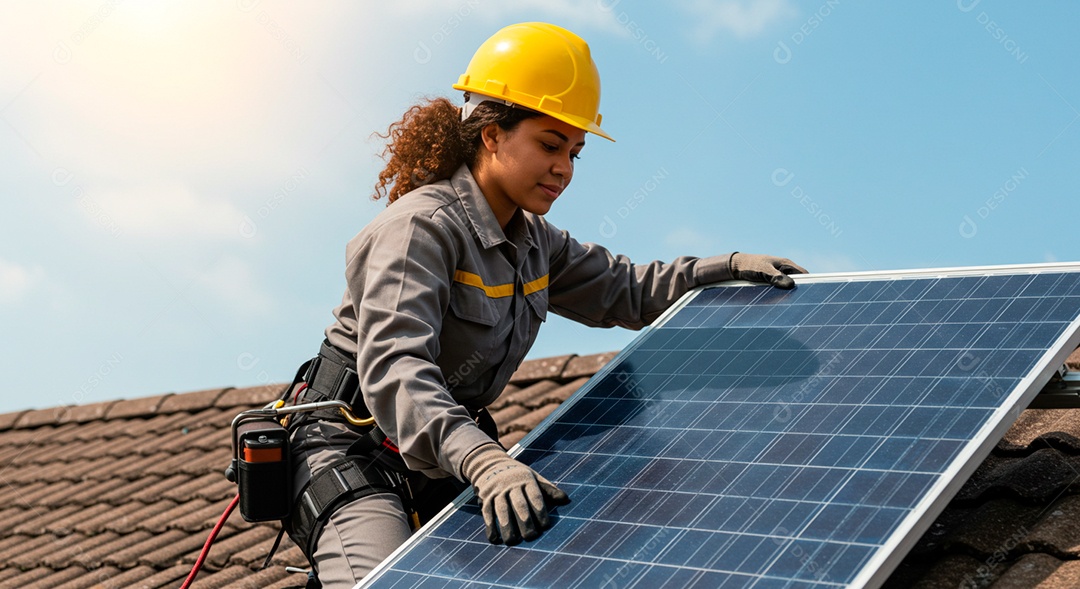 Linda mulher instalando placa solar