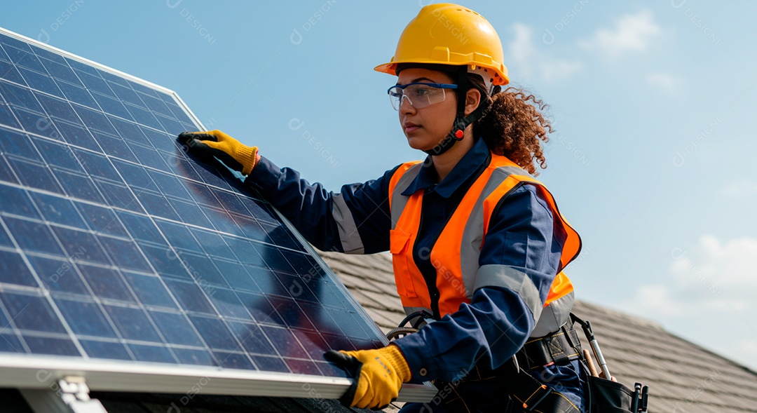 Linda mulher instalando placa solar