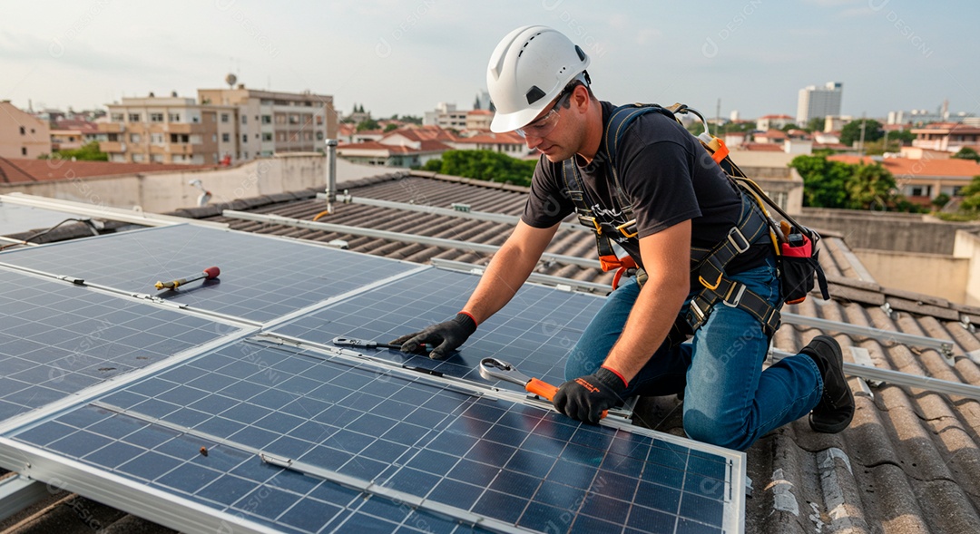 Homem instalando placa solar