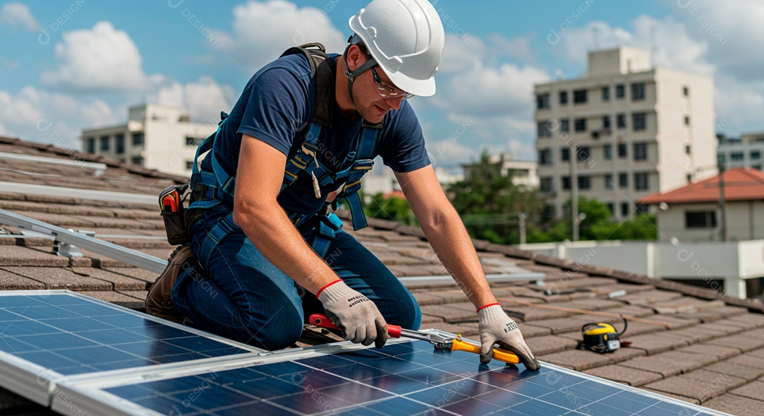Homem jovem instalando placa solar
