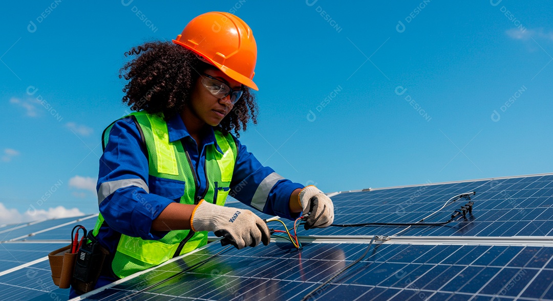 Linda mulher instalando placa solar