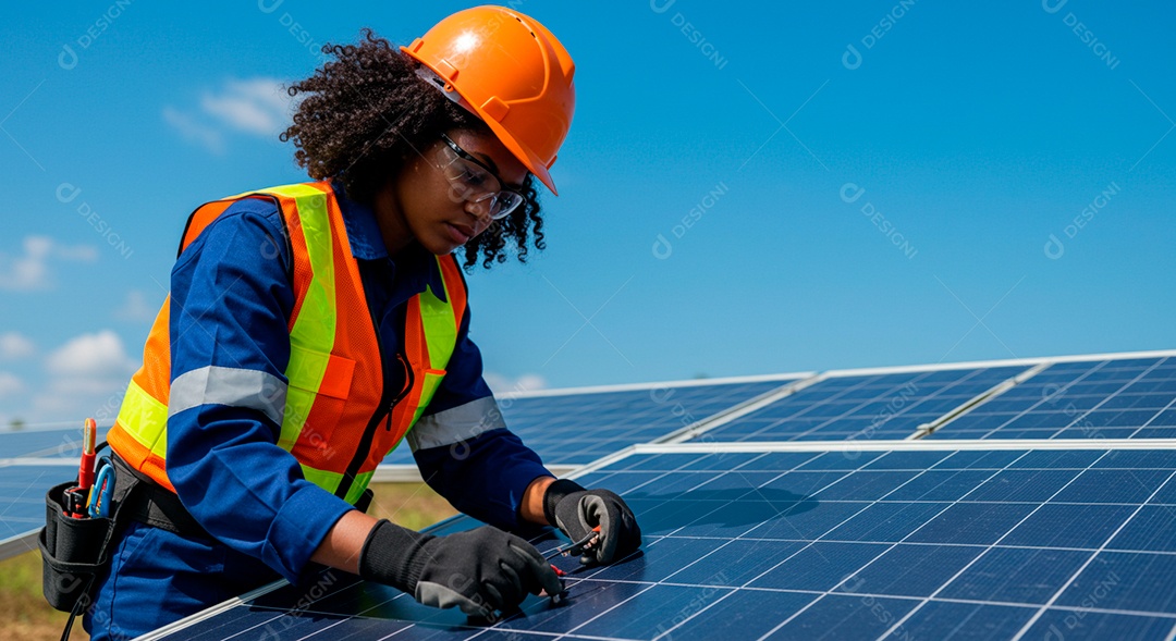 Linda mulher instalando placa solar