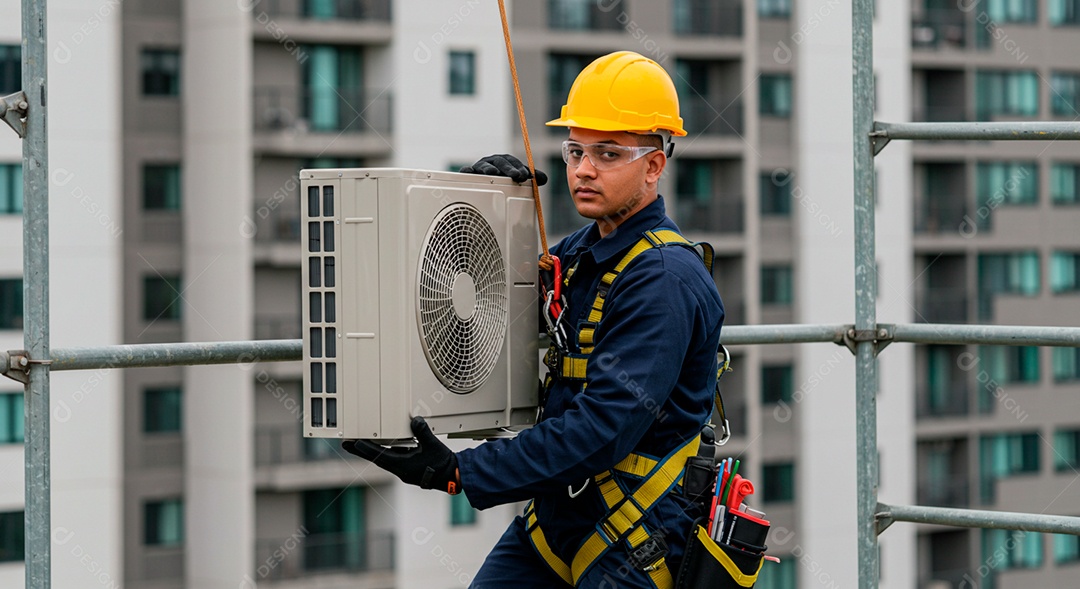 Homem instalando ar condicionado
