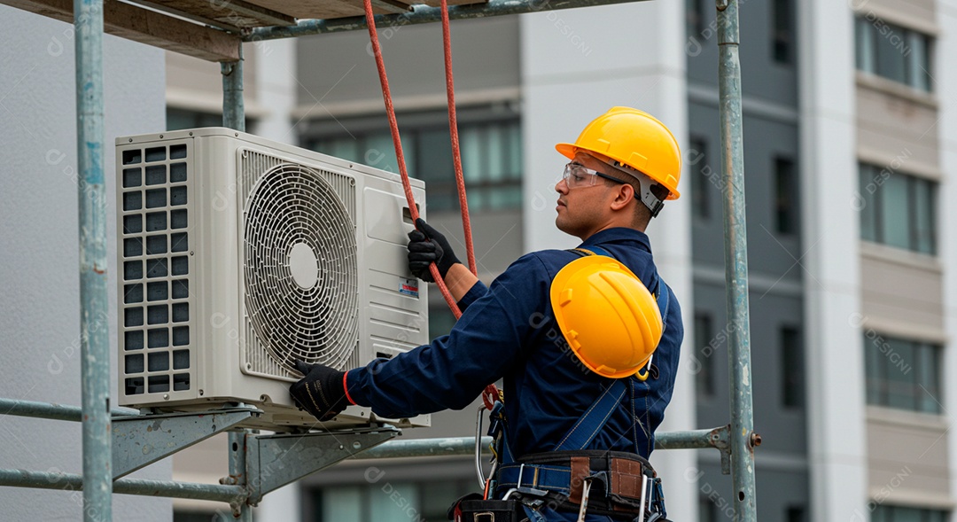 Homem jovem instalando ar condicionado