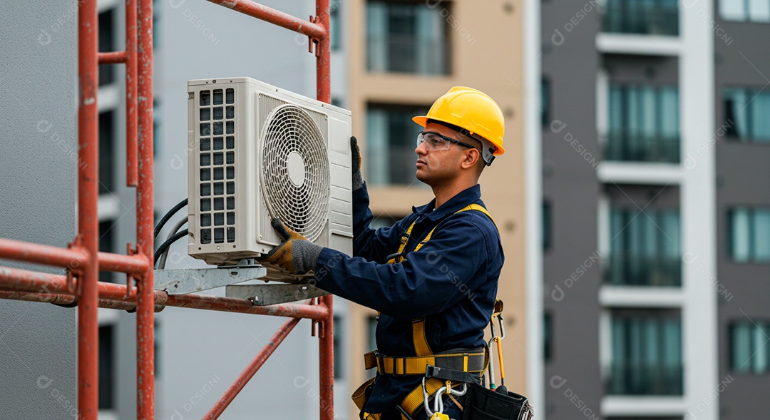 Homem jovem instalando ar condicionado