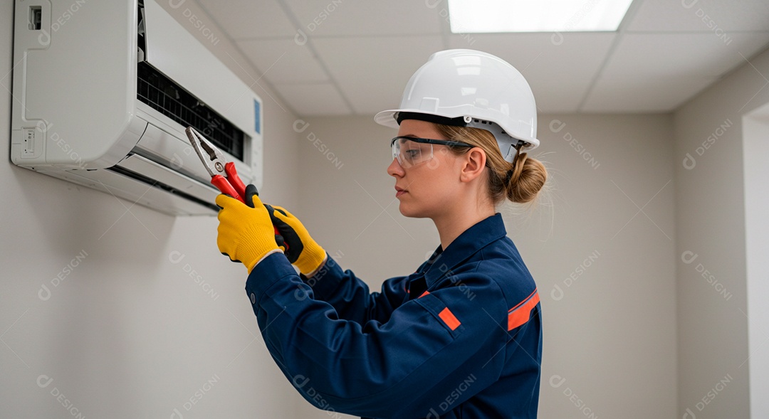 Linda mulher instalando ar condicionado