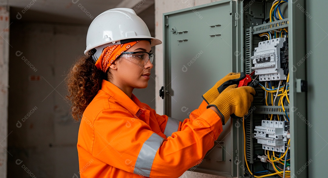 Linda mulher eletricista sorridente trabalhando