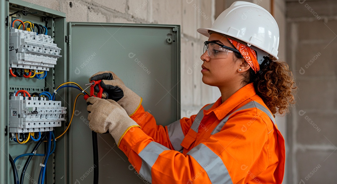 Linda mulher eletricista sorridente trabalhando
