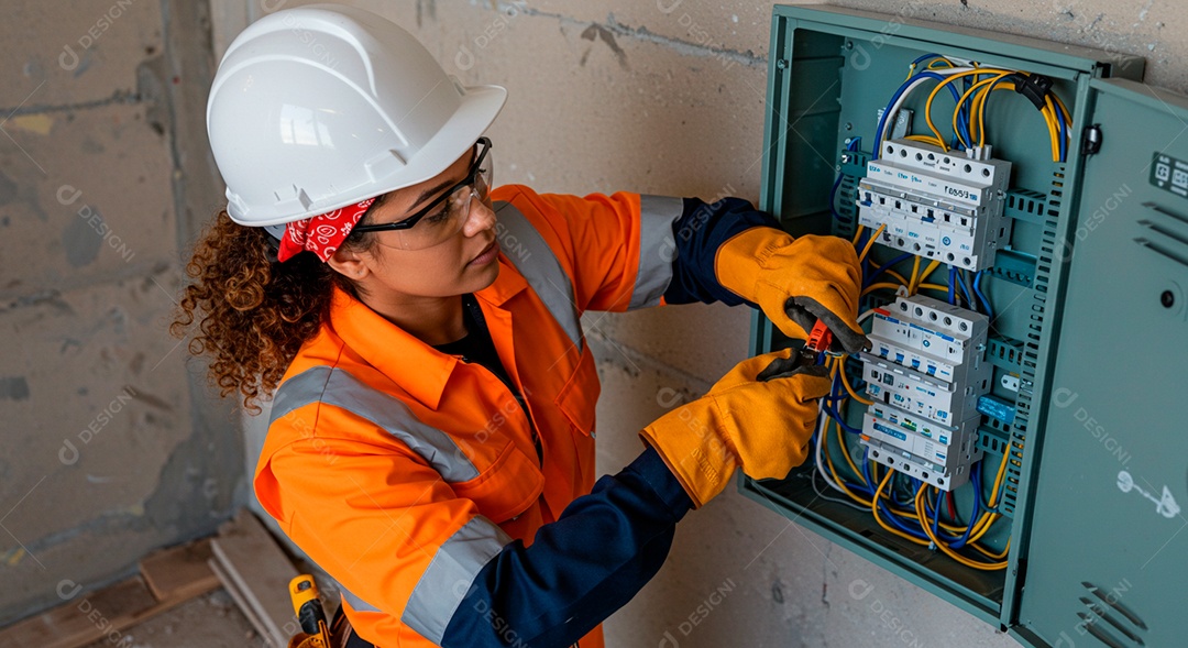 Linda mulher eletricista sorridente trabalhando
