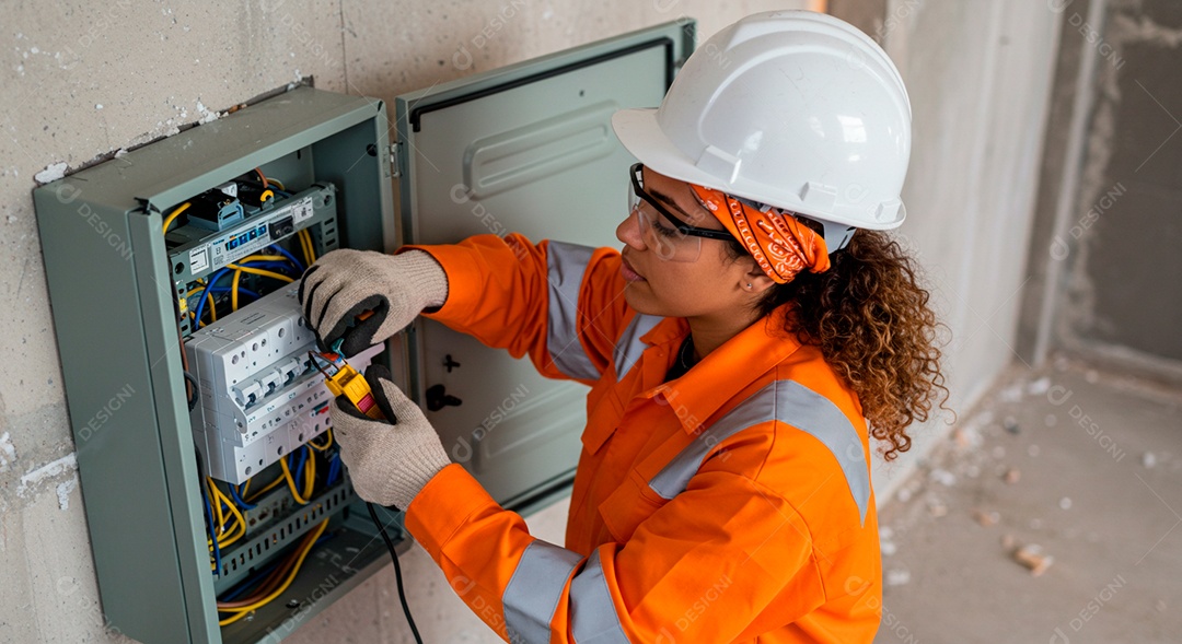 Linda mulher eletricista sorridente trabalhando