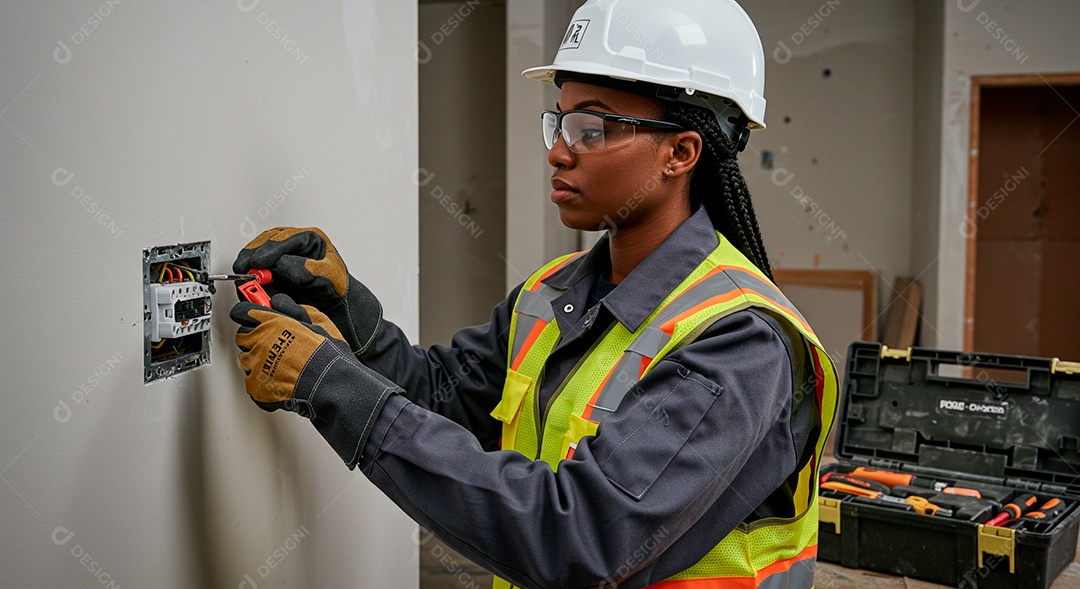 Linda mulher eletricista sorridente trabalhando