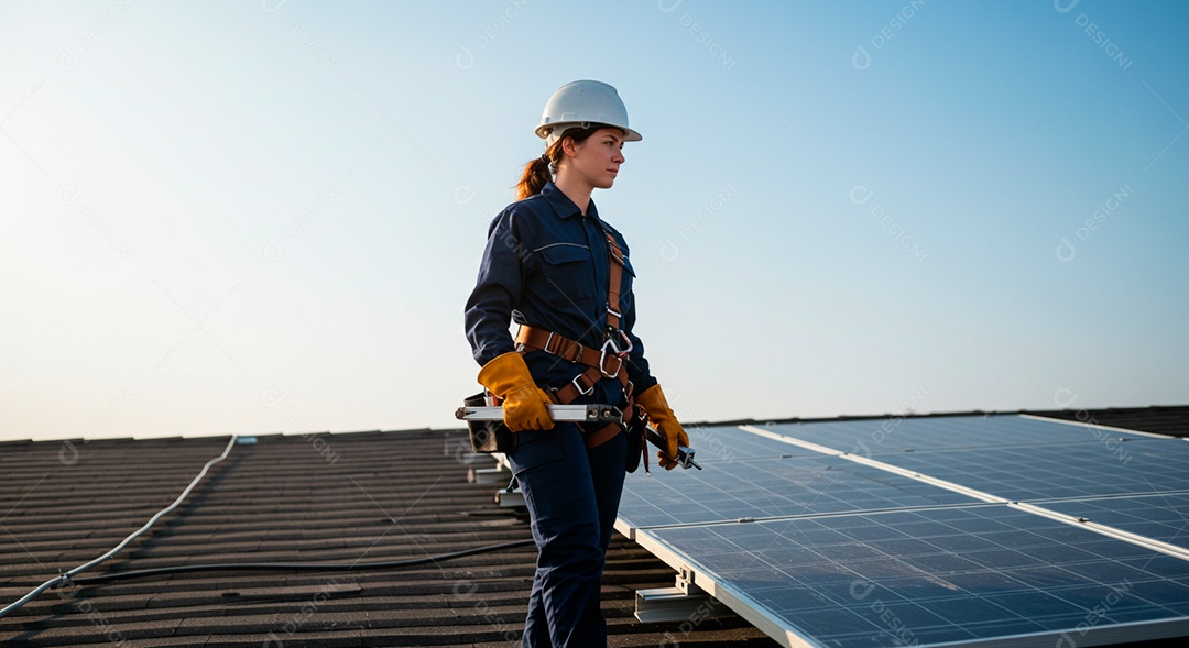 Linda mulher ao lado de placa solar