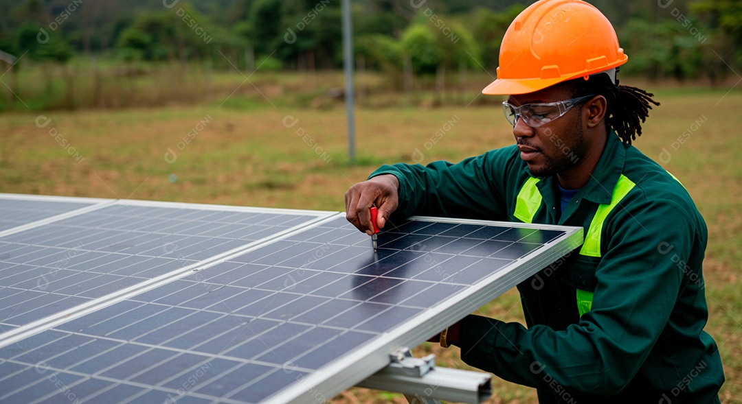 Homem dando manunteção em placa solar