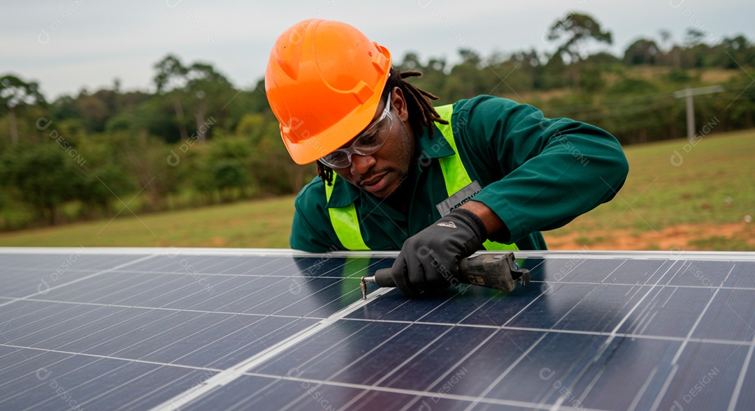 Homem jovem limpando placa solar