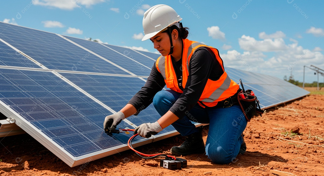 Linda mulher instalando placa solar