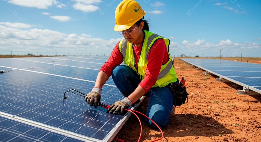 Linda mulher instalando placa solar