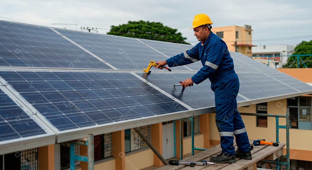Homem jovem limpando placa solar