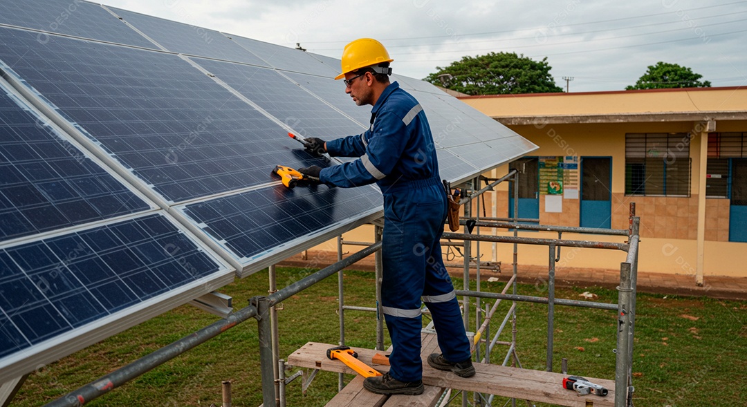 Homem limpando placa solar