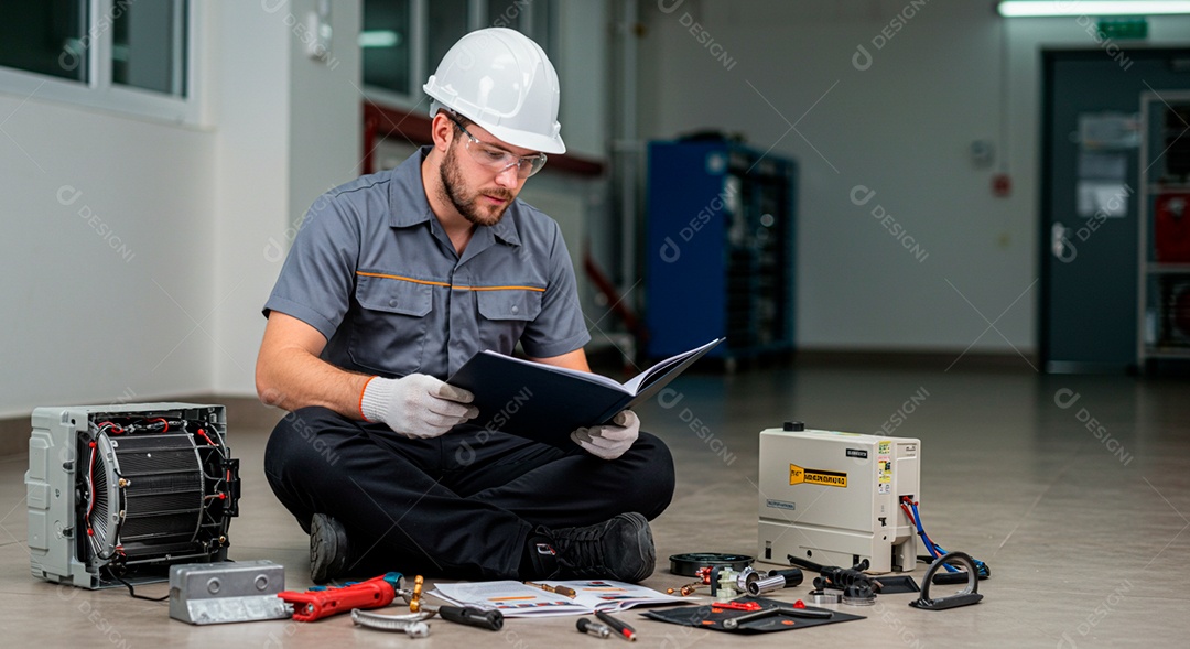 Homem jovem montando ar condicionado