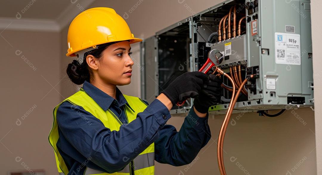 Linda mulher eletricista sorridente trabalhando