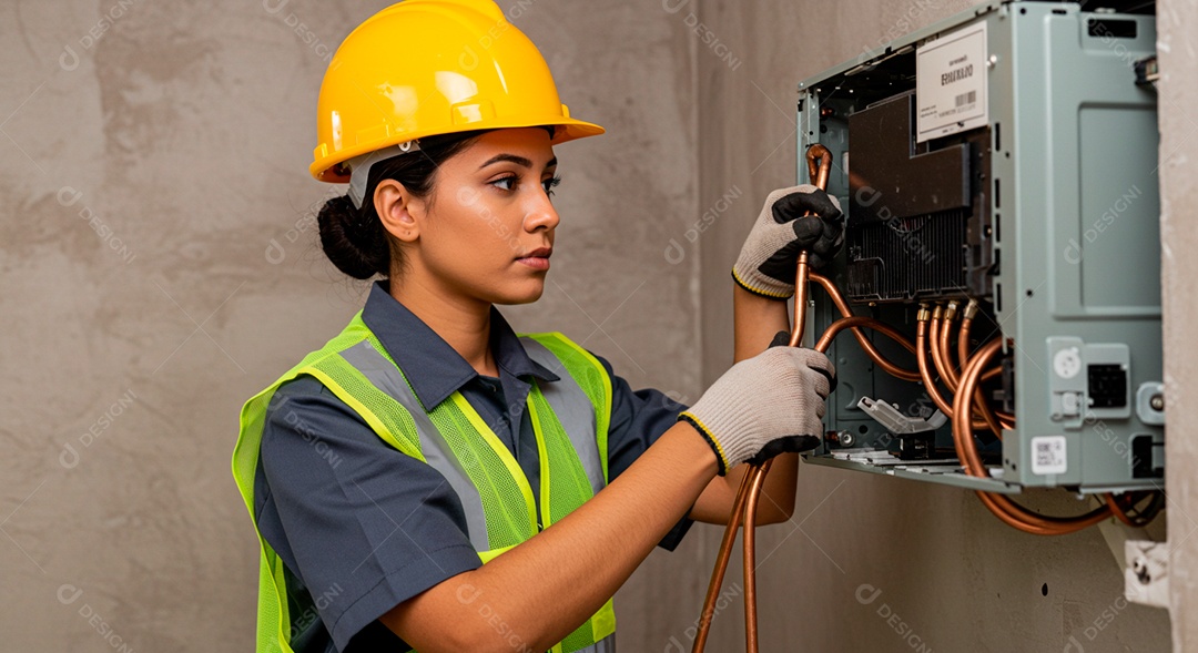 Linda mulher eletricista sorridente trabalhando