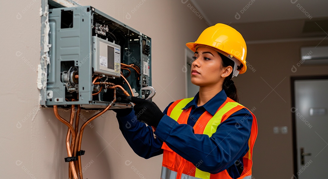 Linda mulher eletricista sorridente trabalhando