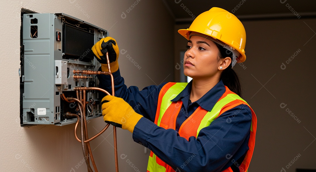 Linda mulher eletricista sorridente trabalhando