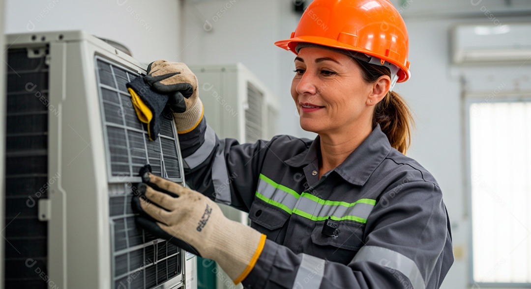 Linda mulher instalando placa solar