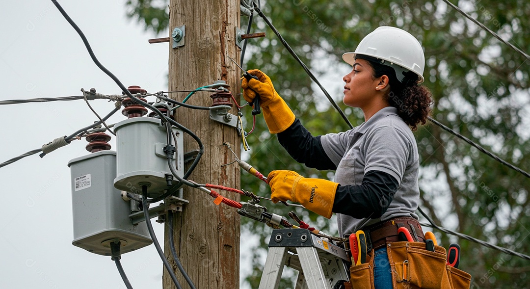 Linda mulher eletricista sorridente trabalhando