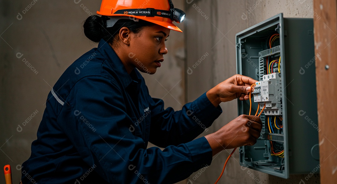 Linda mulher eletricista sorridente trabalhando