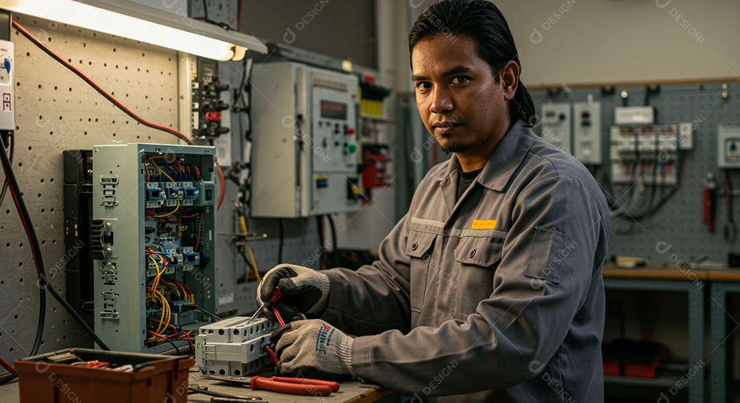 Homem jovem eletricista sorridente trabalhando