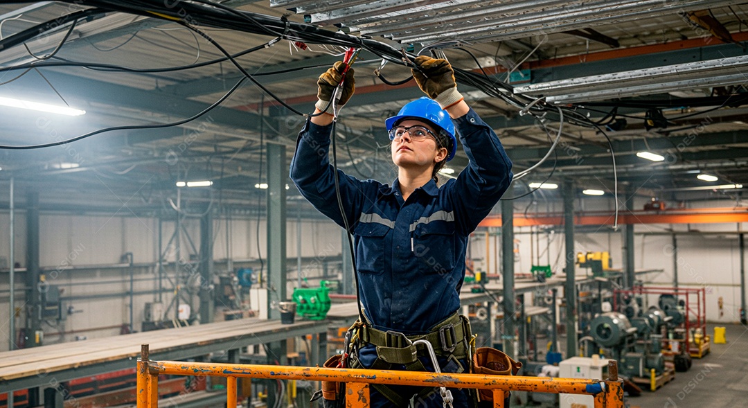 Linda mulher eletricista sorridente trabalhando