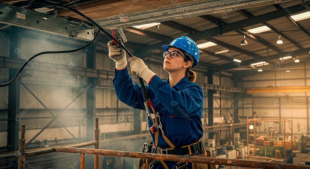 Linda mulher eletricista sorridente trabalhando