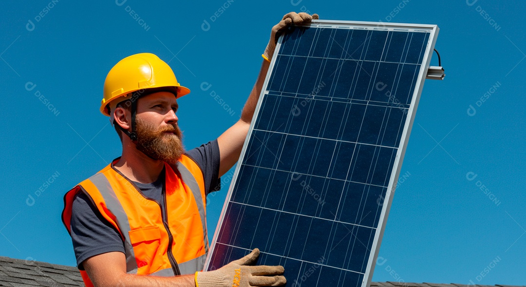 Homem jovem segurando placa solar