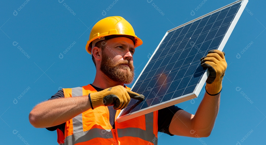 Homem jovem segurando placa solar