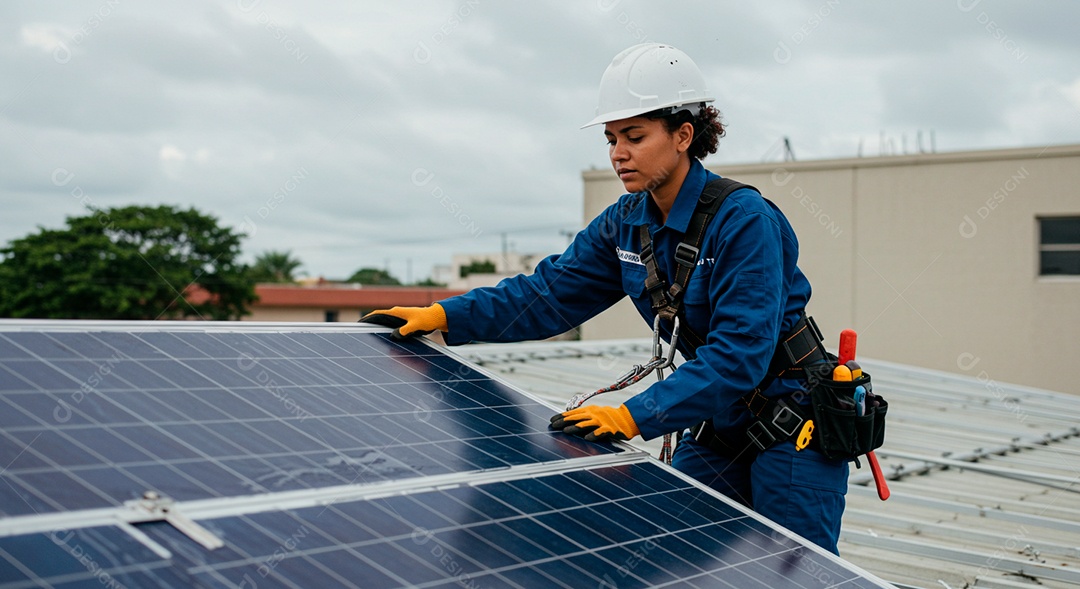 Linda mulher instalando placa solar