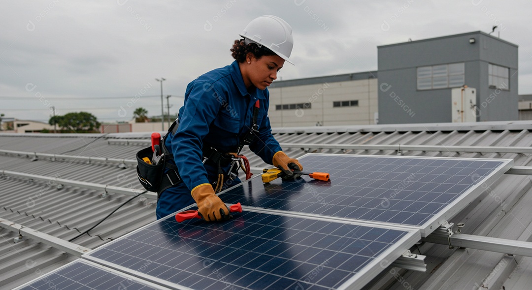 Linda mulher instalando placa solar