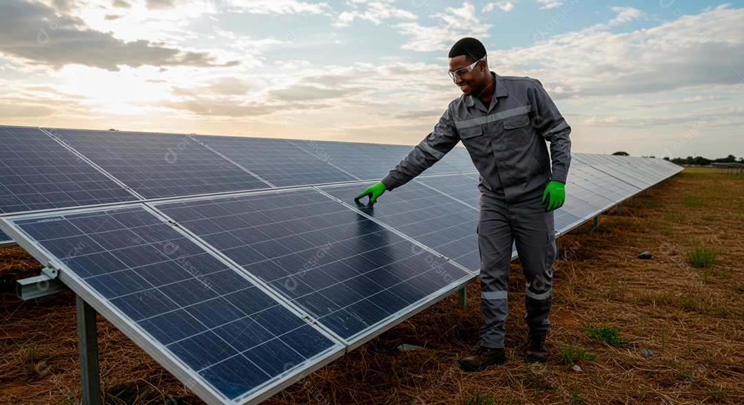 Homem jovem limpando placa solar